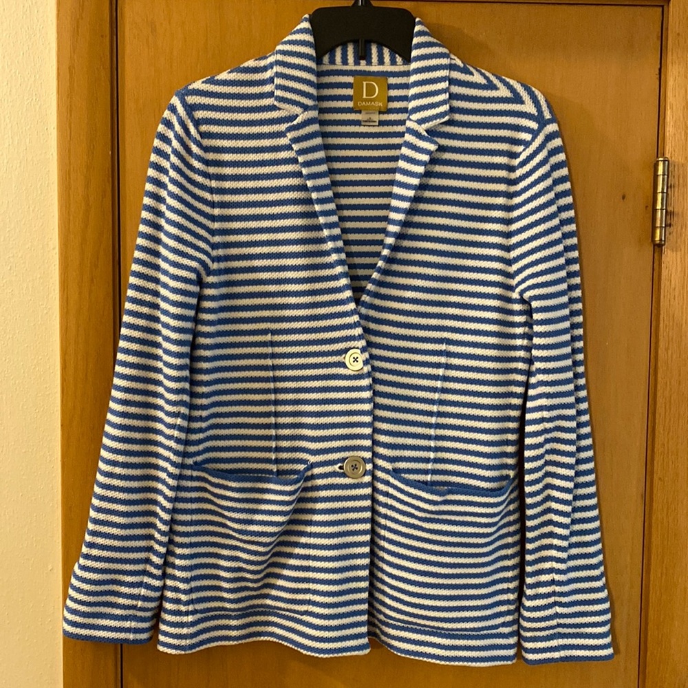 Damask Striped Woven Textured Blazer Jacket Pockets Blue White Cotton Medium